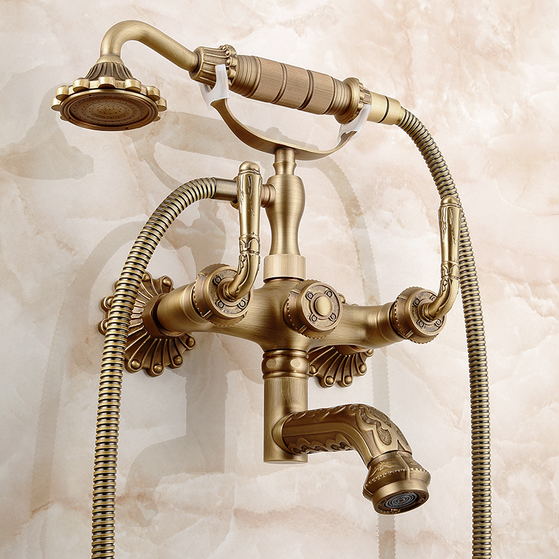 Retro Simple Shower Set French Antique Bathroom Wall-Mounted Vintage Style Bathtub Brass Faucet