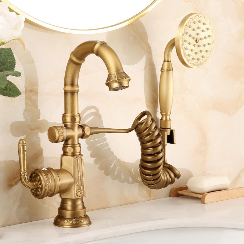 Antique Brass Faucet Set for Shampooing, Hand Spray, Bathroom Retro Washbasin, Dual Water Outlet, Balcony Laundry Cabinet Faucet