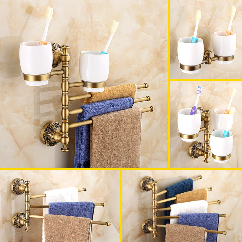 European style retro mouthwash cup holder towel rack Bathroom antique multi-functional toothbrush cup holder Rotating movable towel rail