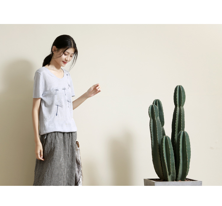Gujia linen knit T mùa hè mát mẻ và thoáng khí văn học mới lỏng quốc gia phong cách thêu ngắn tay T-Shirt nữ áo len tăm