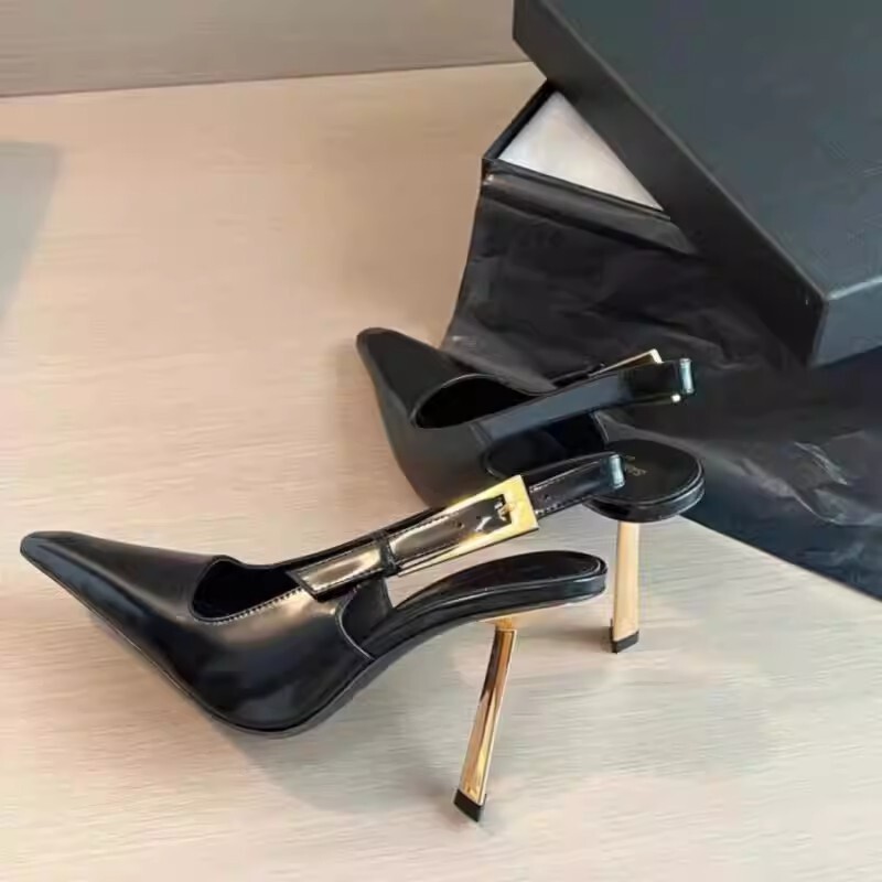 Rvfa Yang Shulin Same Style Small Gold Bar Stiletto Heel Elegant Closed-Toe Sandals for Women, New Summer Metal Pointed High Heels