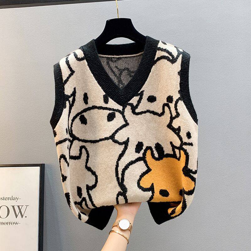 Girl's waistcoat V collar female treasure cartoon set head jacquard child knit vest male and female child universal spring and autumn waistcoat