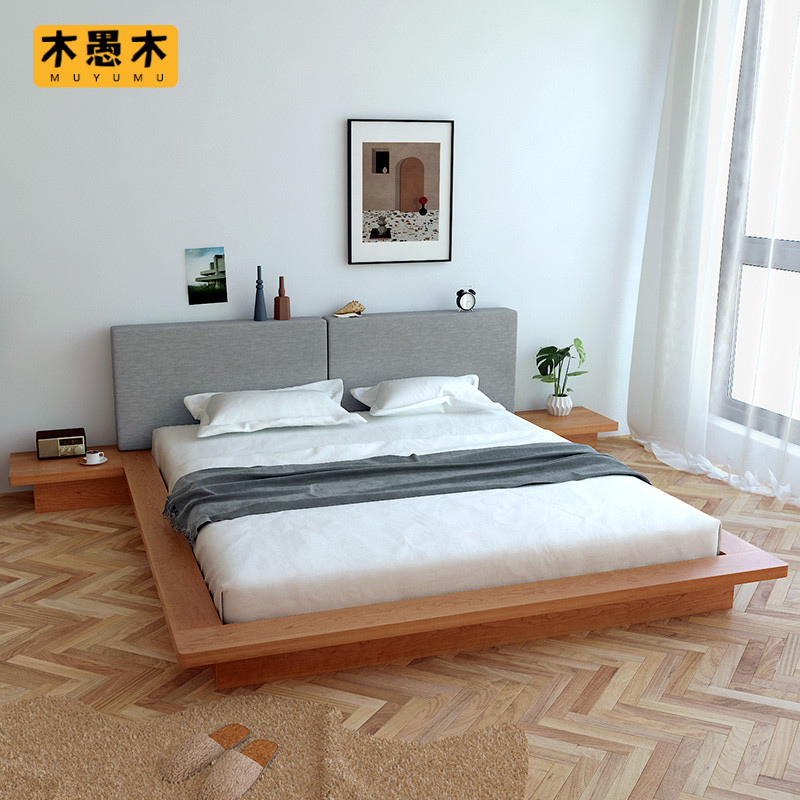 Solid wood bed modern minimalist Nordic floor bed Daily style tatami bed Double man bed Soft by short bed 1 8 m master bedroom