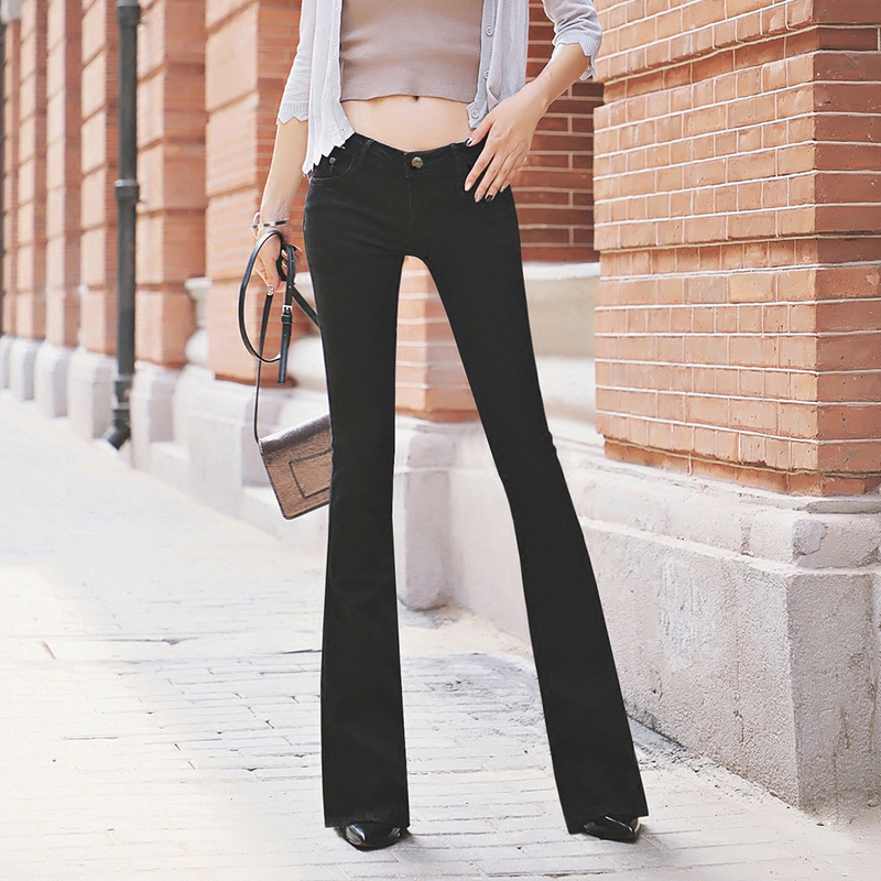 2026 Spring Original Pure Black Mid-Low Waist Flared Jeans Sexy Hip-Lifting Slim Fit Long Pants for Women