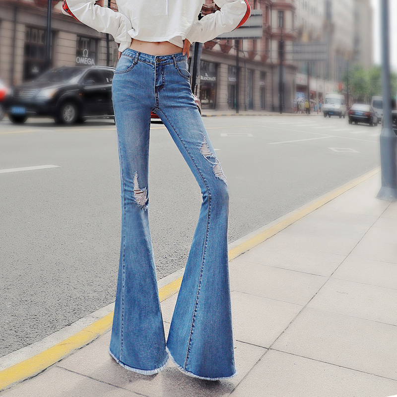 2026 Spring New Slim Fit Extended Distressed Mid-Low Waist Stretchy Slimming Flared Jeans with Large Fishtail Hem