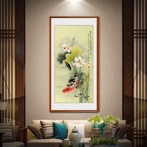 Porch decorative painting new Chinese-style entrance corridor hanging painting vertical calligraphy painting hand-painted Lotus nine fish picture Feng Shui Fortune painting