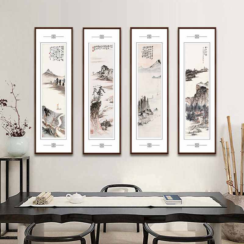 New Chinese Four Union Zhang Daqian Living Room Landscape Painting Country Painting house Tea room Four-screen hanging painting sofa Background fresco