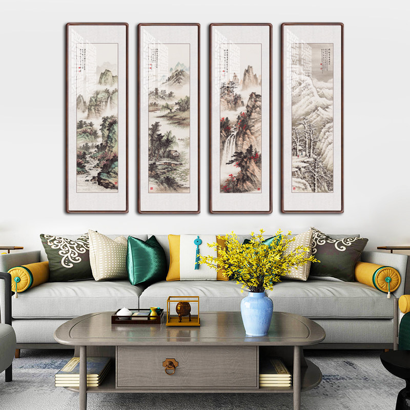 New Chinese Spring Summer Autumn Winter Four Screens Mountain Water Painting Country Painting Living Room Sofa Background Wall Decoration Painting Office Murals