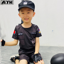 Special police uniform short-sleeved suit Boy police childrens Day performance suit Role-playing camouflage suit boy handsome summer dress