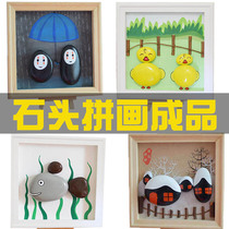 Stone painting finished kindergarten children DIY pebbles painting hand drawing homework paste creative frame