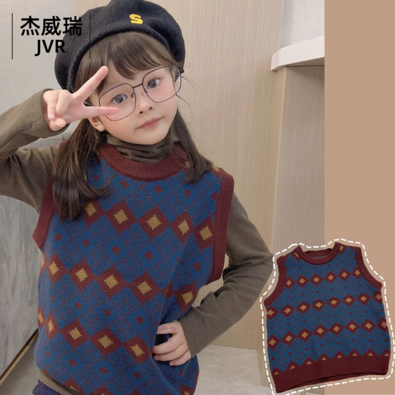 Autumn Clothing New Child Clothing Easy 100 lap collar No sleeves Knitted Waistcoat for children Collage Retro Sweater Vest