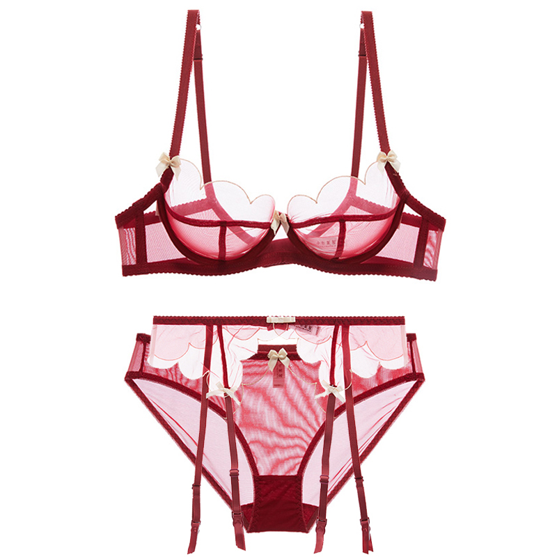 French ultra-thin cup sexy lace lingerie bra set women's honmei year bra suspender stockings red four-piece set
