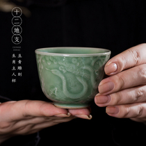 Twelve Earth branch Bean Green carving Zodiac owner cup plum green color Cup dog sheep pig snake gift collection