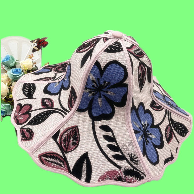 Summer Universal Linen Foldable Sun Hat for Middle-Aged and Elderly People, Six-Panel Sun Protection Hat, Floral Fan Hat for Outings and Farm Work