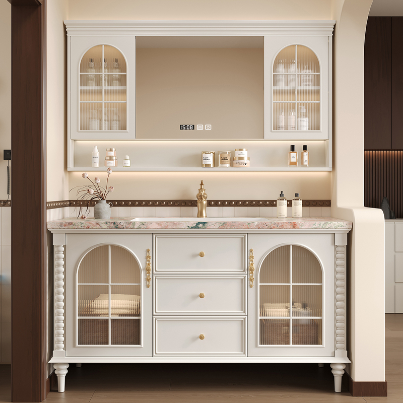 Original Design French-Style Oak Floor-Standing Bathroom Cabinet Set with Rock Slab Washbasin and Sink Cabinet