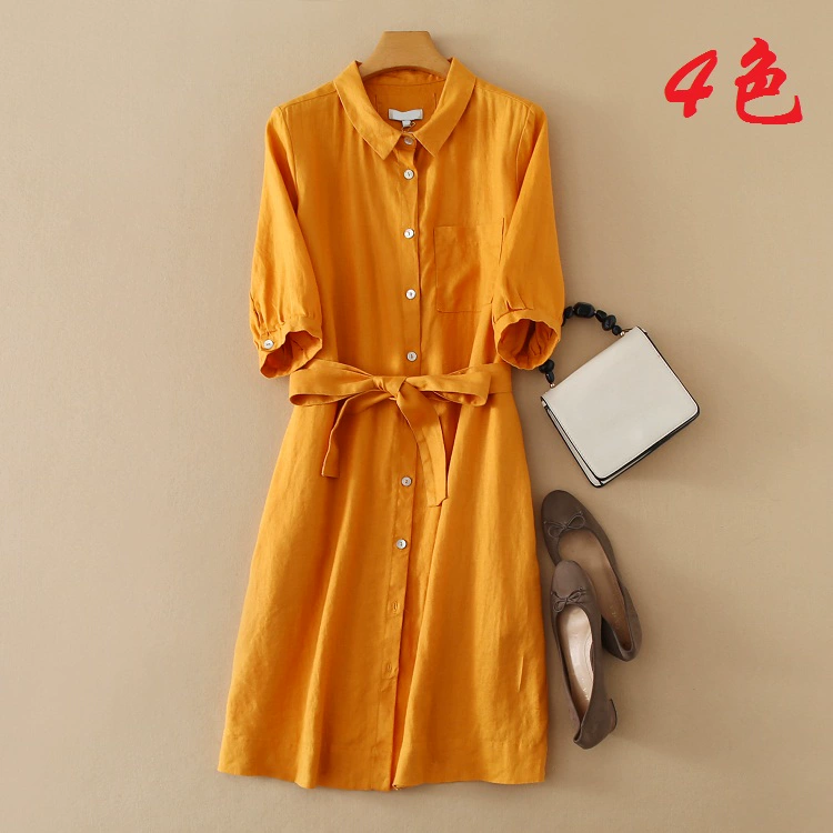 Đơn đặt hàng ngoại thương ban đầu xuất khẩu sang Đức Cổ ve áo Màu tinh khiết Vải lanh Tay áo Áo dài Quần áo phụ nữ dài trung bình Có kích thước lớn - Sản phẩm HOT