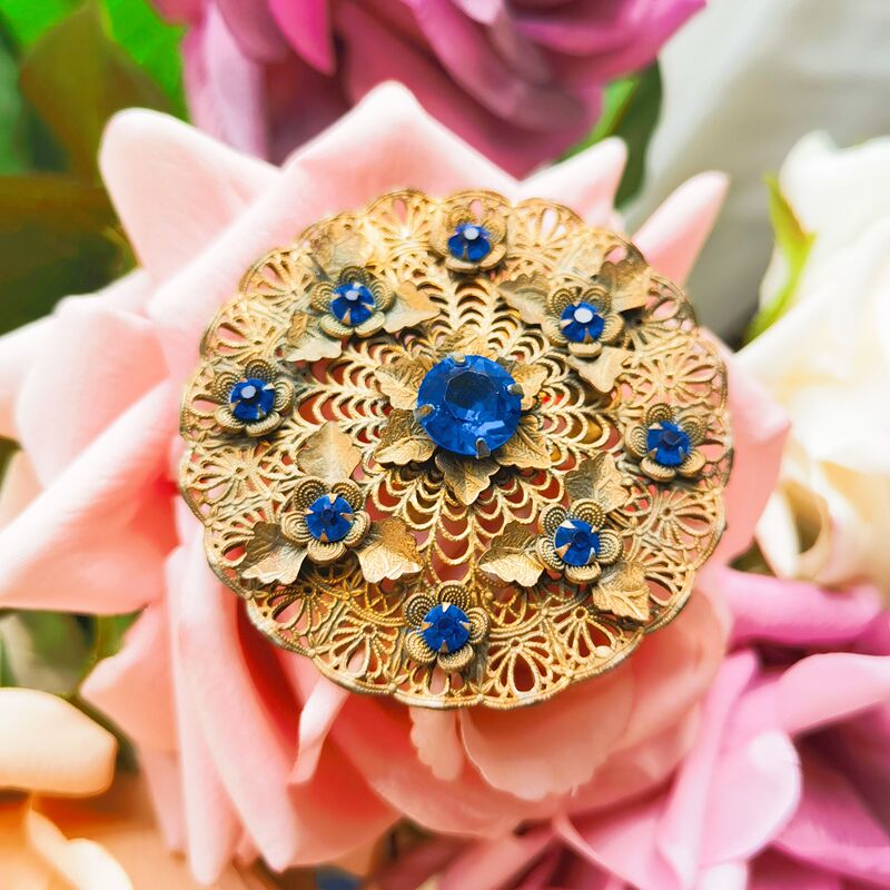 Antique Czech Blue Rhinestone Dress Clip with Three-Dimensional Flowers and Filigree Design, Large Size, Rare Vintage Style