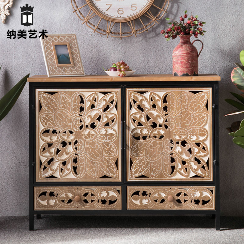 Retro American Solid Wood Iron Art Xuan Guan Cabinet Containing Cabinet living room Minjuku Hotel Carved Hollowed-out Decorated Cabinet Industrial Wind