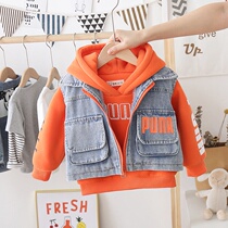Boy plus velvet suit 3-5 years old small and medium 4 children denim vest foreign atmosphere 2 girls thickened two-piece tide
