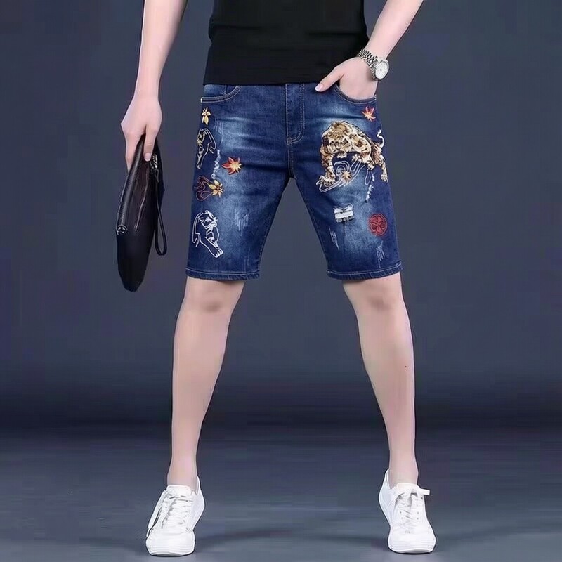 Trendy Brand Tiger Embroidered Denim Shorts for Men, Summer Ripped Slim-Fit Five-Point Pants, Unique and Trendy Casual Mid-Length Pants