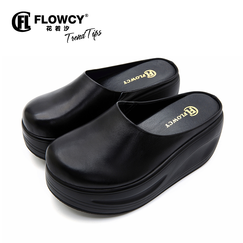 Flowcy Closed-Toe Half-Slipper Women's Shoes for All Seasons, Comfortable Soft Thick-Soled Genuine Leather Lazy Platform Shoes