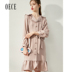 Oece2019 mùa thu mới của phụ nữ retro văn chương kẻ sọc xù eo dài tay áo váy phổ biến - Váy eo cao 	váy thắt dây eo	 Váy eo cao