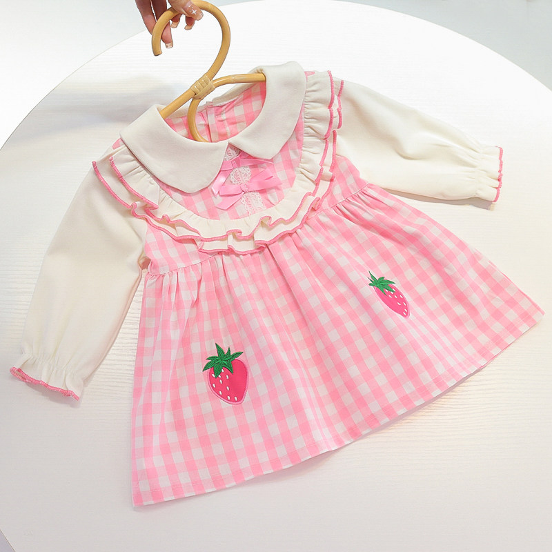 Girl Foreign Dress Spring Autumn 2021 New Female Baby Han Edition Strawberry Plaid Princess Children's Nets Red Autumn Clothing