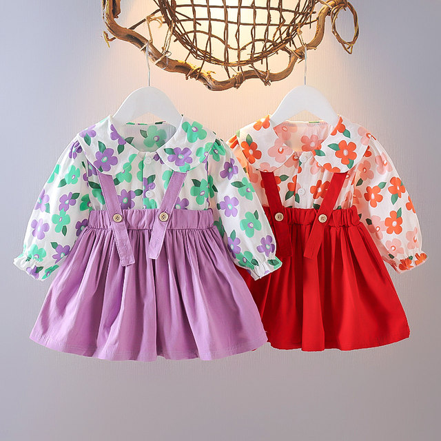 Girls suspender skirt 2021 spring and autumn new baby sweet floral skirt fake two-piece autumn children's flower bud skirt trend