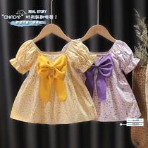 2021 summer new dress girl sweet and beautiful princess dress net red with butterfly knot linen crummy floral dress female baby 1