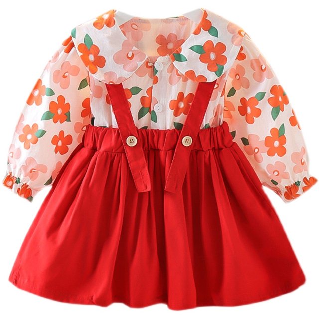 Girls suspender skirt 2021 spring and autumn new baby sweet floral skirt fake two-piece autumn children's flower bud skirt trend