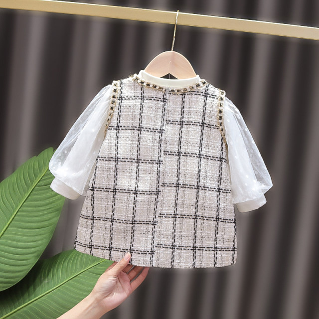 2021 girls dress small fragrance princess skirt female baby foreign two-piece set plaid puff sleeve vest skirt