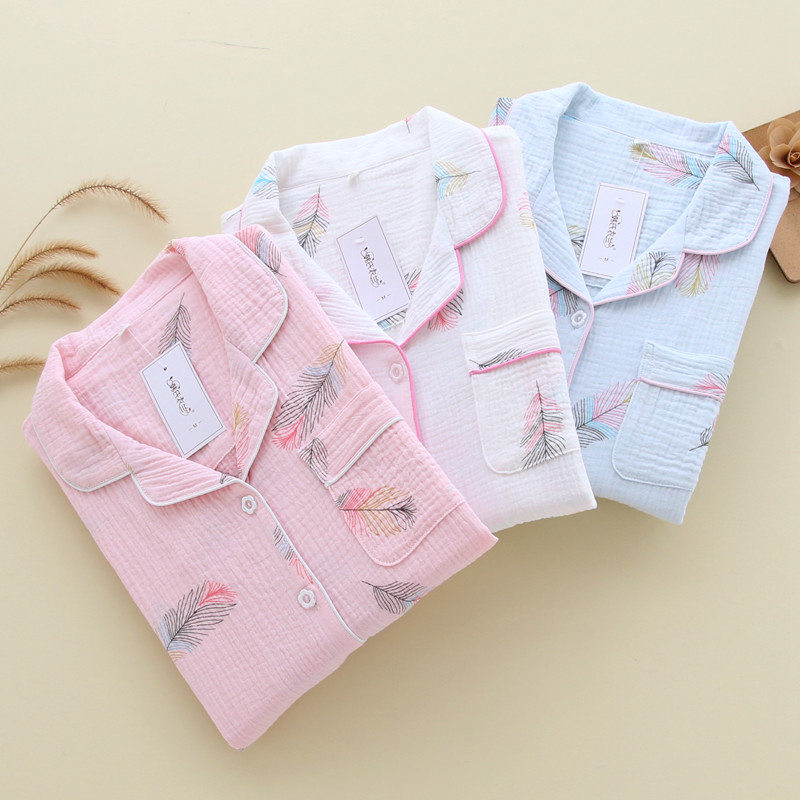 Fresh Japanese spring and autumn pajamas women's long-sleeved cotton double-layer cotton gauze cotton cardigan thin section home service set - Taobao