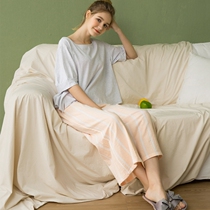 Cotton pajamas womens spring and summer Korean version pullover home clothes casual loose large size striped pajamas two-piece set can be worn outside