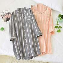 New Ladies Pure Cotton Gauze Nightdress Spring and Autumn Casual Long-sleeved Pajamas Yarn-dyed Loose Home Skirt Can Be Worn Outside