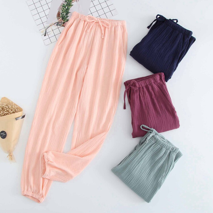 Cotton pajama pants women's spring and autumn washed cotton crepe home parent pants summer thin loose large size couple home pants casual