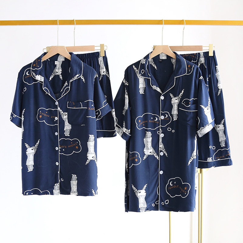 New couple pajamas women summer cotton short sleeve shorts thin men's home suit two pieces of men's soft