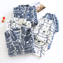 Coral fleece pajamas womens autumn and winter flannel thickened plus velvet winter warm mens home clothes V-neck cartoon suit