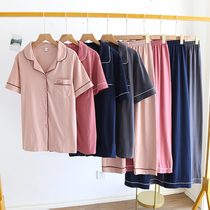 New knitted couple short-sleeved pajamas breathable loose thin section casual solid color spring and summer pure cotton home service