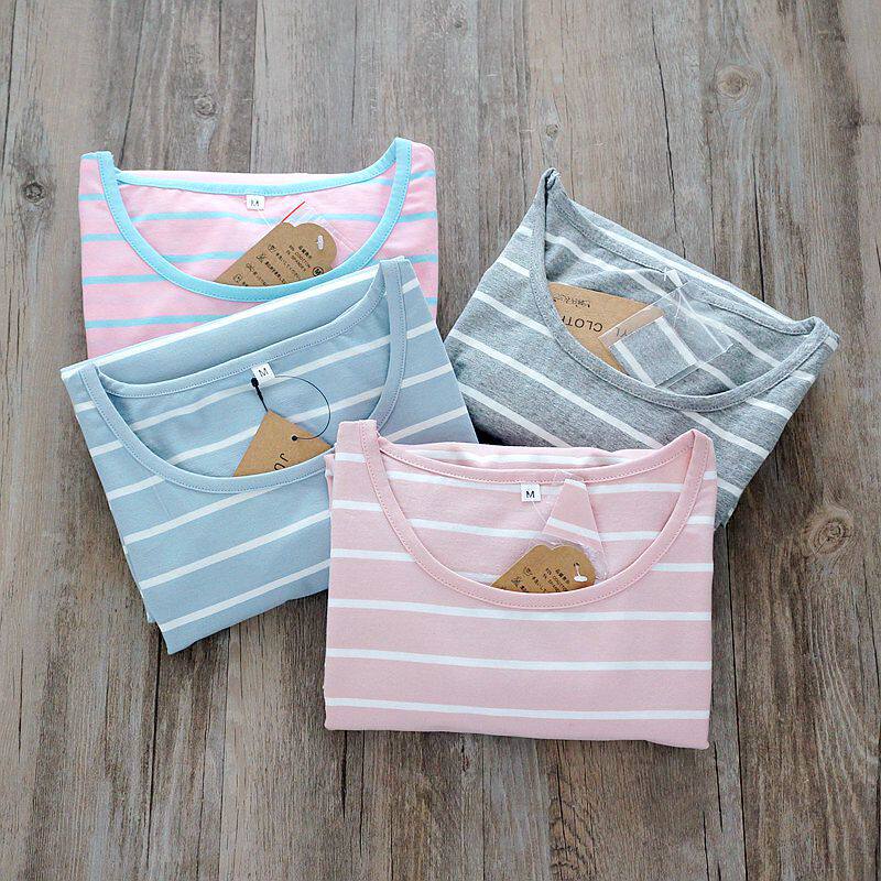 Special offer summer cotton nightdress women's short-sleeved cotton home service mid-length striped women's fresh pajamas Korean version thin