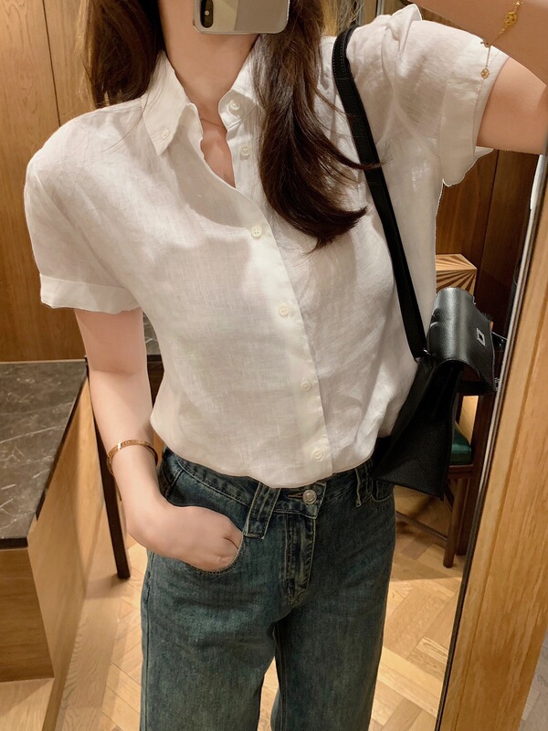 26 New Summer Style Raffia Linen Short-Sleeved Shirt, Air-Conditioned, Sun-Protective, Embroidered, Thin, Solid Color, Slim-Fit Shirt for Women