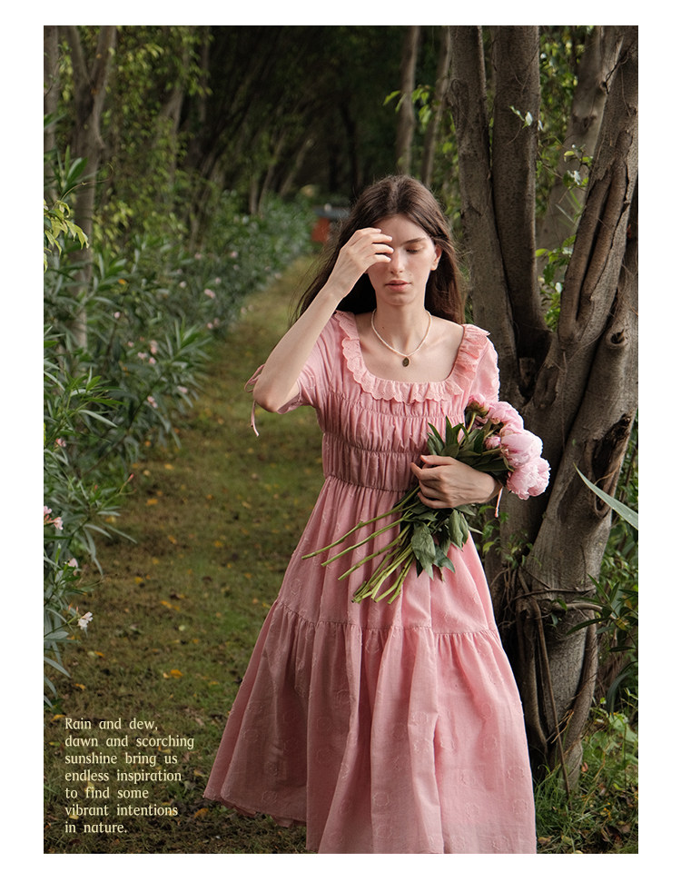 Mintcheese フレンチシャクヤクピンクシルク綿麻立体小花ワンピース