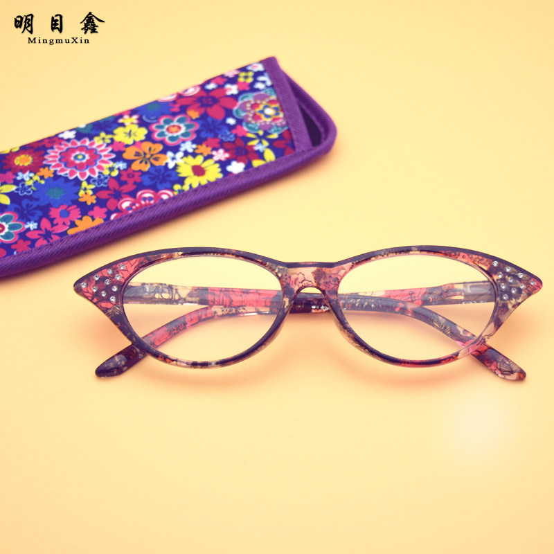 Cat eye diamond inlaid fashion ultra light reading glasses women's HD foreign school young color flower glasses old man old glasses eyes