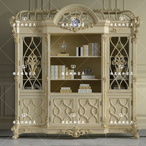 European villa bookcase French solid wood carved with door Large bookcase Integral storage display cabinet Classical white bookcase