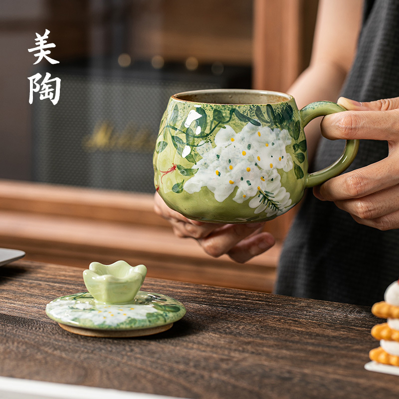 Jingdezhen Ceramic Cup, Hand-Painted Floral Shadow Mug, Underglaze Colored Rustic Pottery Coffee Cup, Exquisite Drinking Cup with Lid