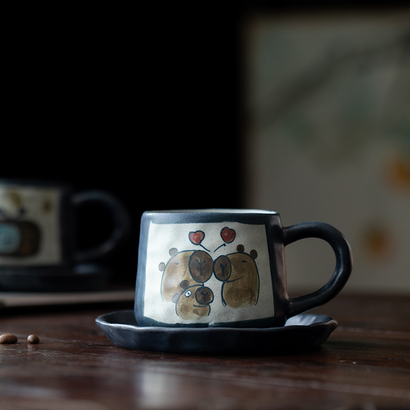 Jingdezhen Ceramic Cup, Handmade Artistic Coarse Pottery Water Cup with Stand, Hand-Painted Capybara, High-End Exquisite Tea Cup