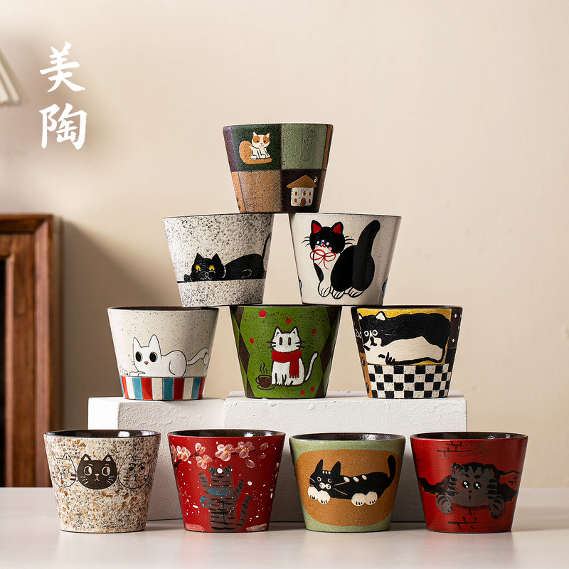 Jingdezhen Handmade Underglaze Color Cat-Mouth Cup Purple Clay Coffee Cup Latte Art Cup Vintage Handheld Cup Water Cup Jingdezhen Handmade Underglaze Color Cat-Mouth Cup Purple Clay Coffee Cup Latte Art Cup Vintage Handheld Cup Water Cup