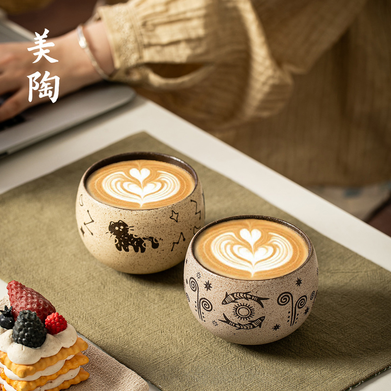 Jingdezhen Vintage Handmade Mug, Coarse Pottery Egg-Shaped Cup, Underglaze Color Hand-Held Cup, High Aesthetic Value Purple Clay Coffee Cup