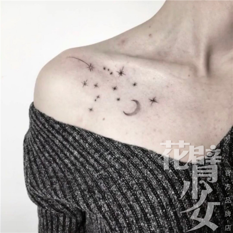 紋身貼刺青貼花臂少女tattoo 55 肩膀鎖骨黑白星星月牙月亮流星少女紋身貼良品優舍 Yahoo奇摩拍賣