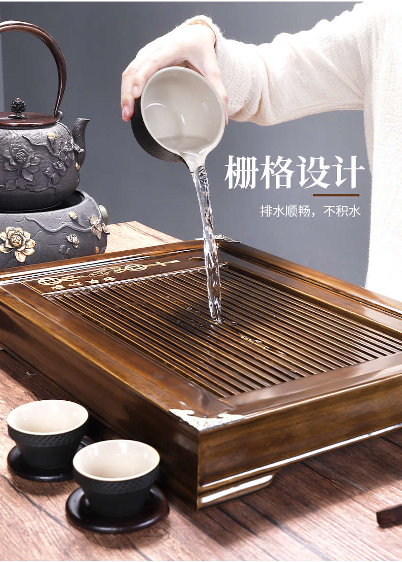 Tang big wooden stainless steel tea tray package ceramic kung fu tea set household contracted tea sets of semi - automatic lazy combination