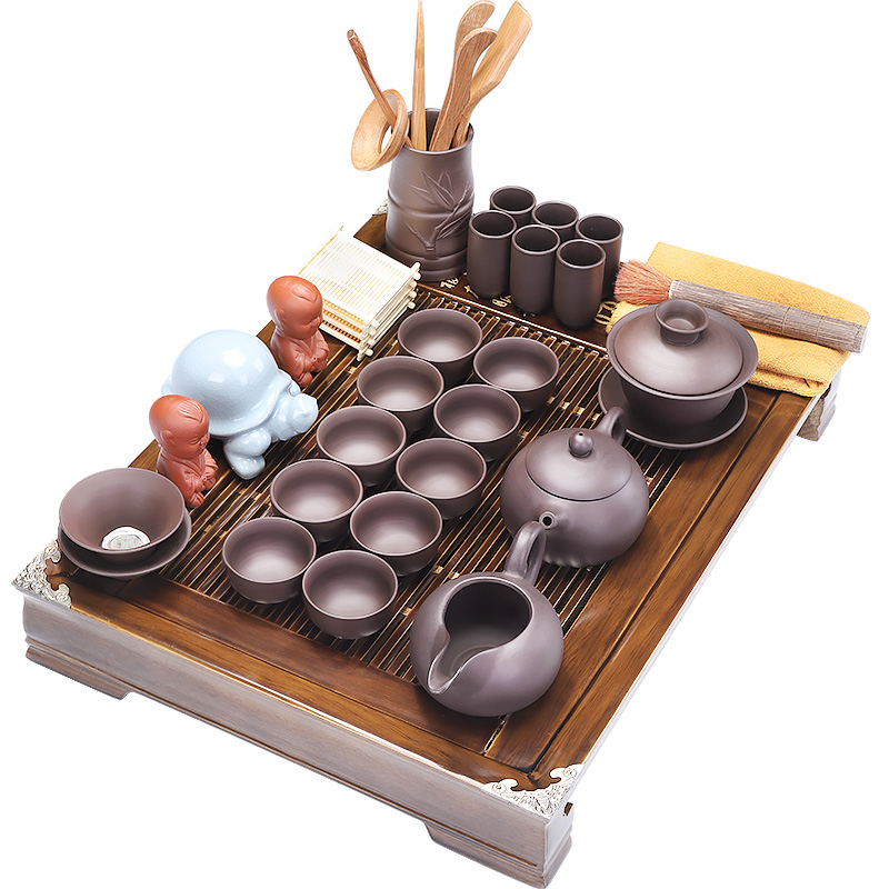 Tang big wooden stainless steel tea tray package ceramic kung fu tea set household contracted tea sets of semi - automatic lazy combination